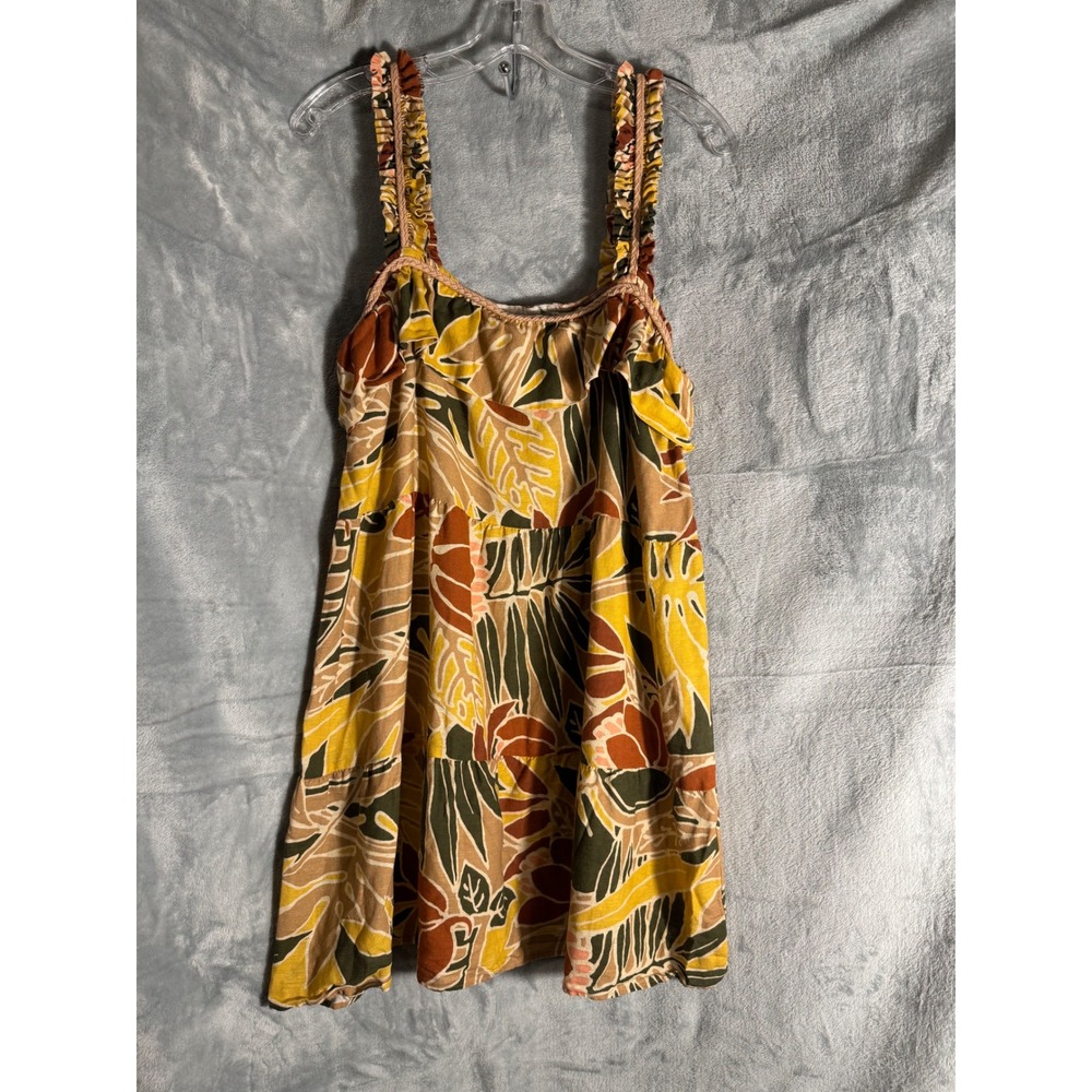 Sezane Tropical Leaf Print Linen Blend Tiered Mini Dress Yellow Green M / L